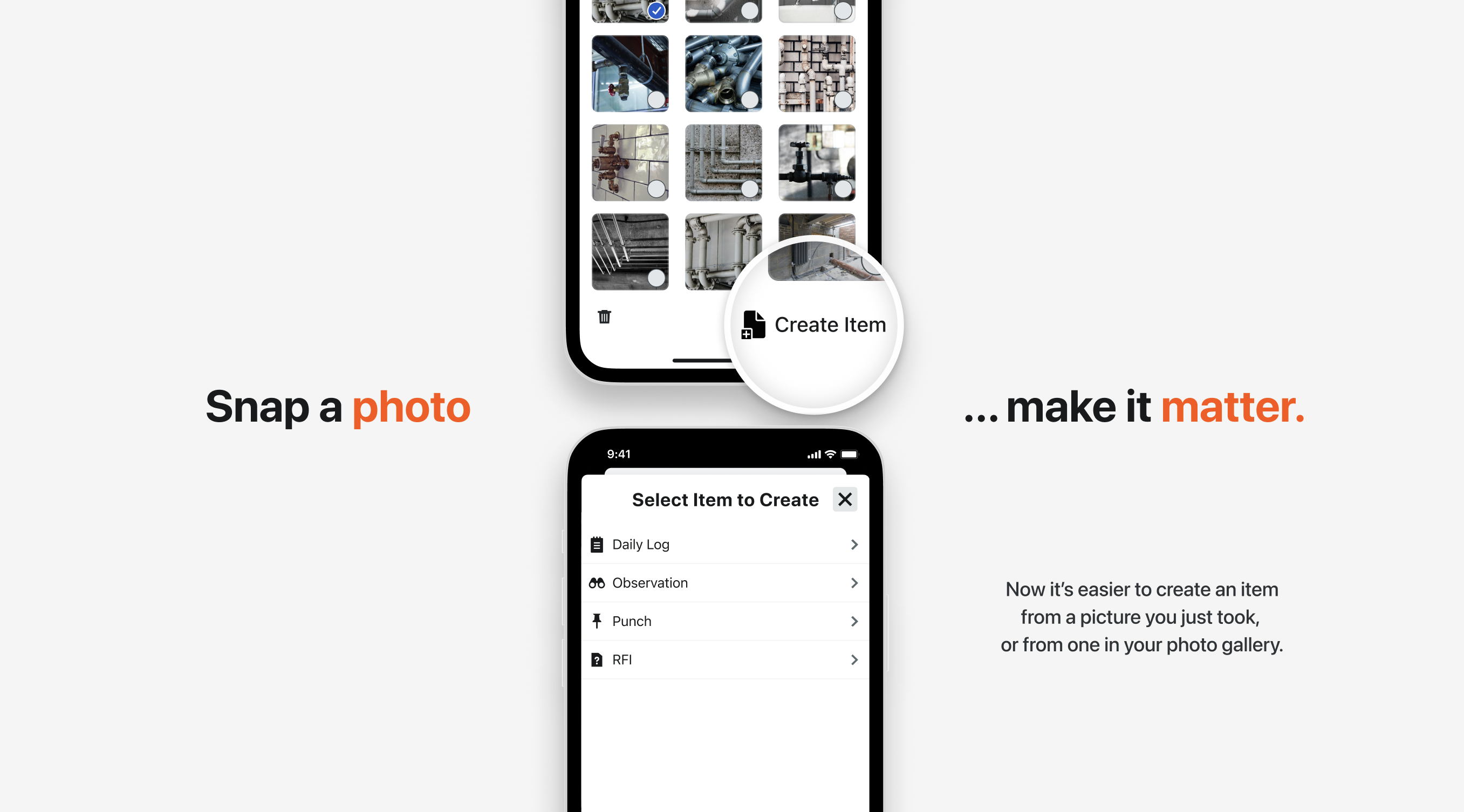 Procore internal announcement for a new Create Item from Photo feature