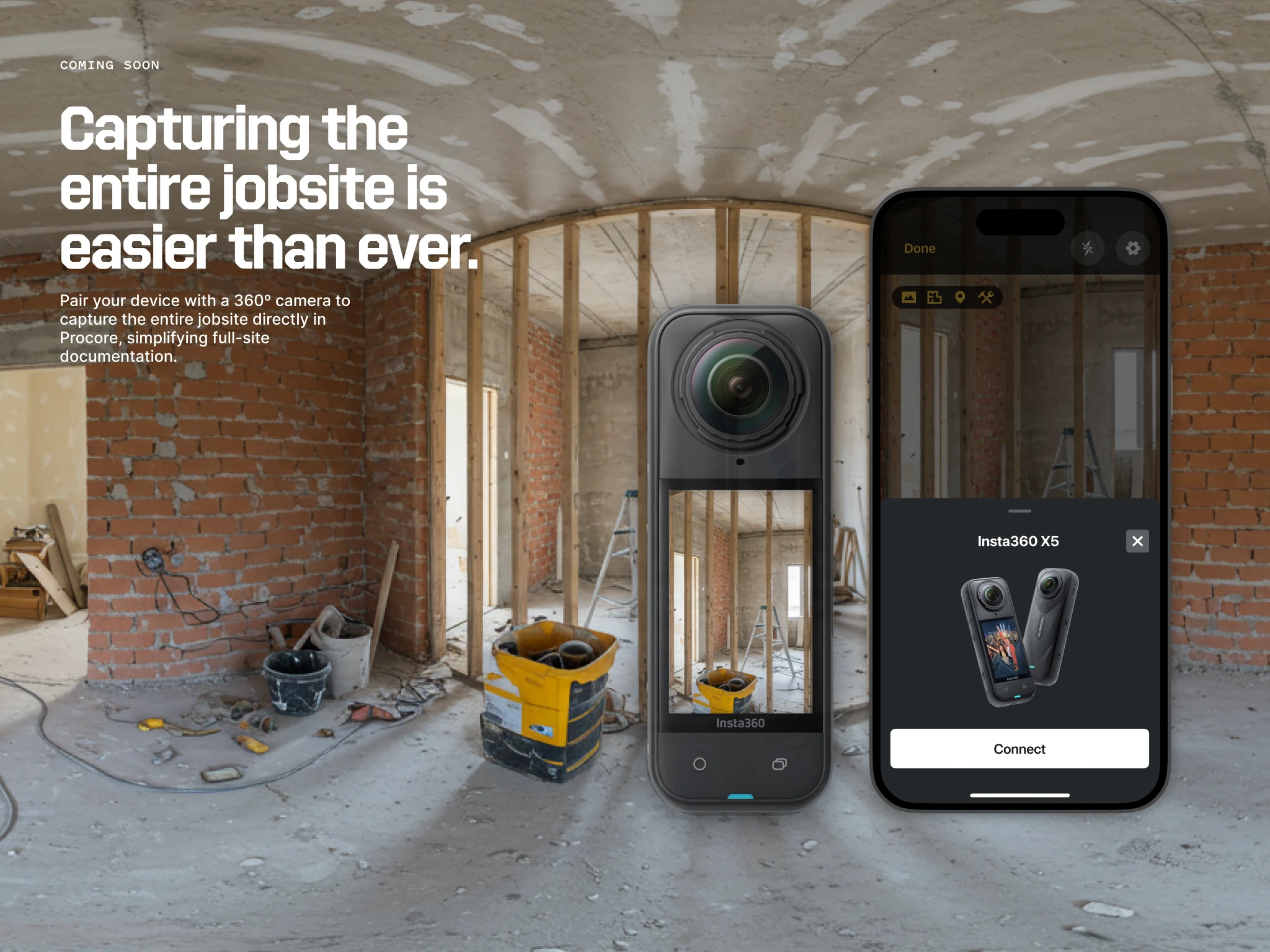 Procore concept for pairing an Insta360 camera to capture a jobsite