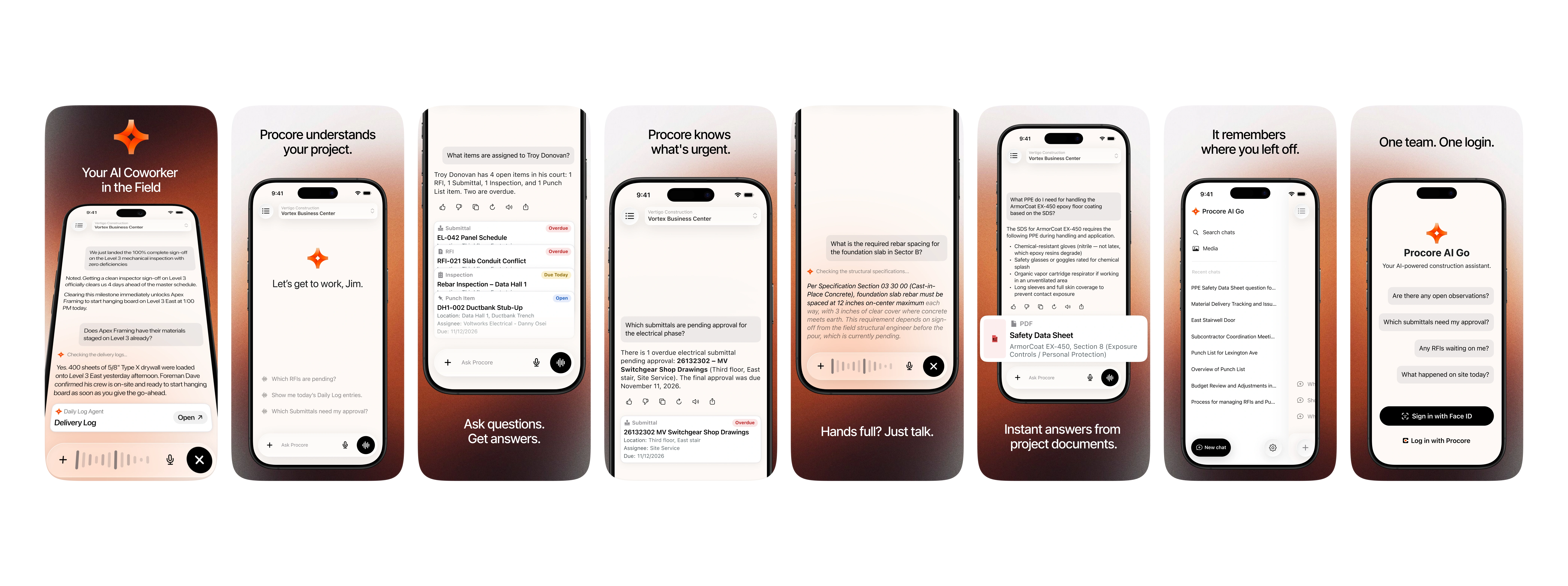 Procore AI Go mobile screens showing project questions, voice chat, document answers, and chat history