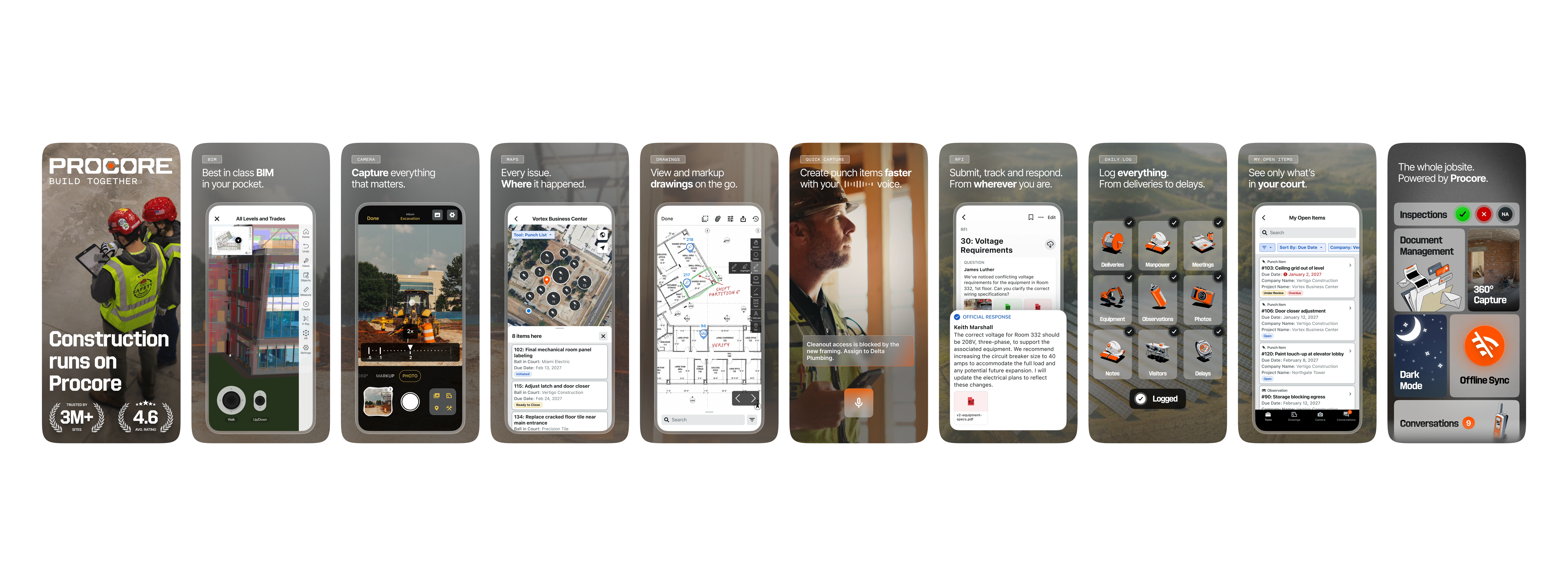 Procore mobile app screens showcasing BIM, camera, maps, drawings, voice capture, RFIs, daily logs, and open items