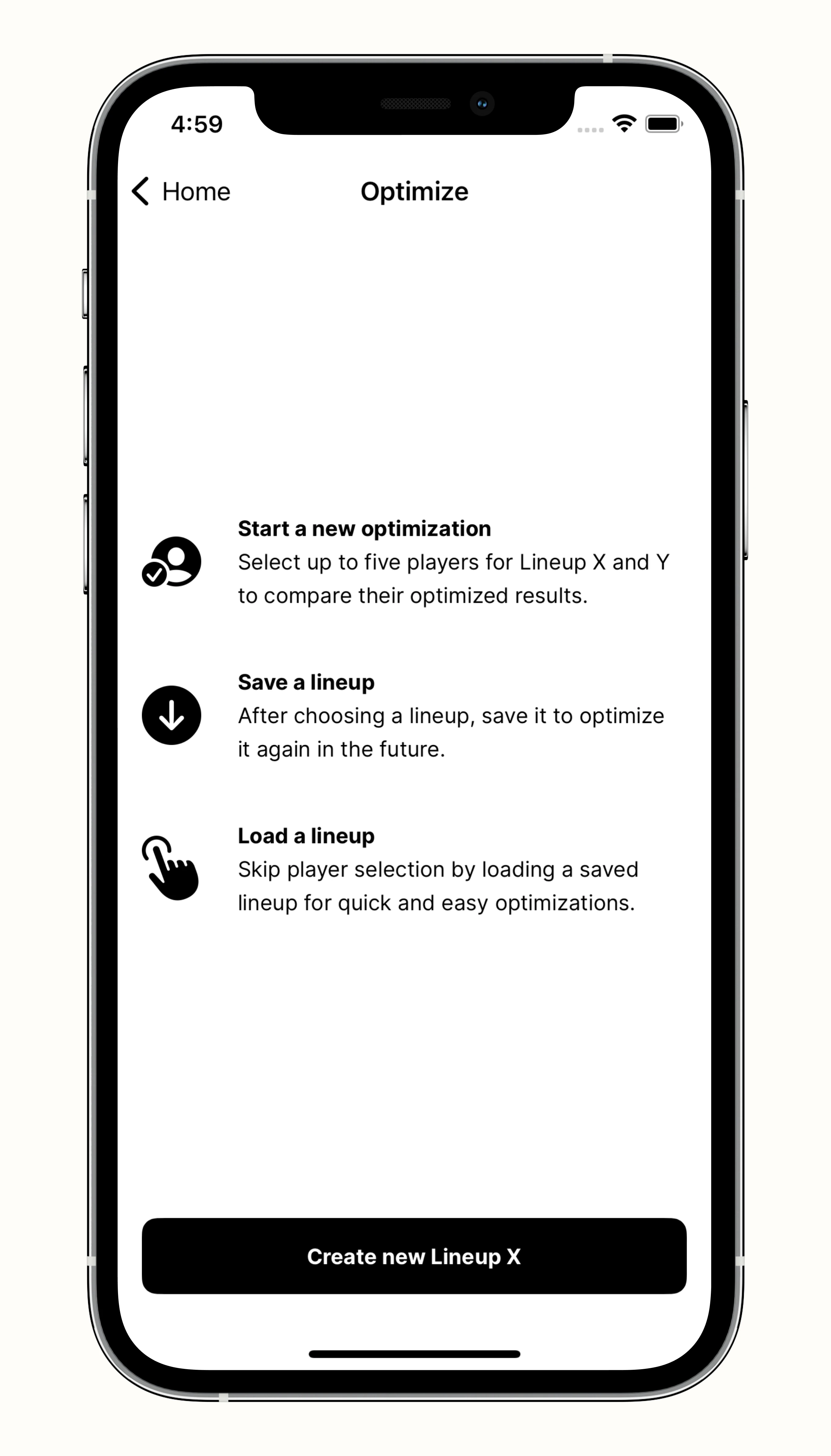 SportAI lineup optimization start screen