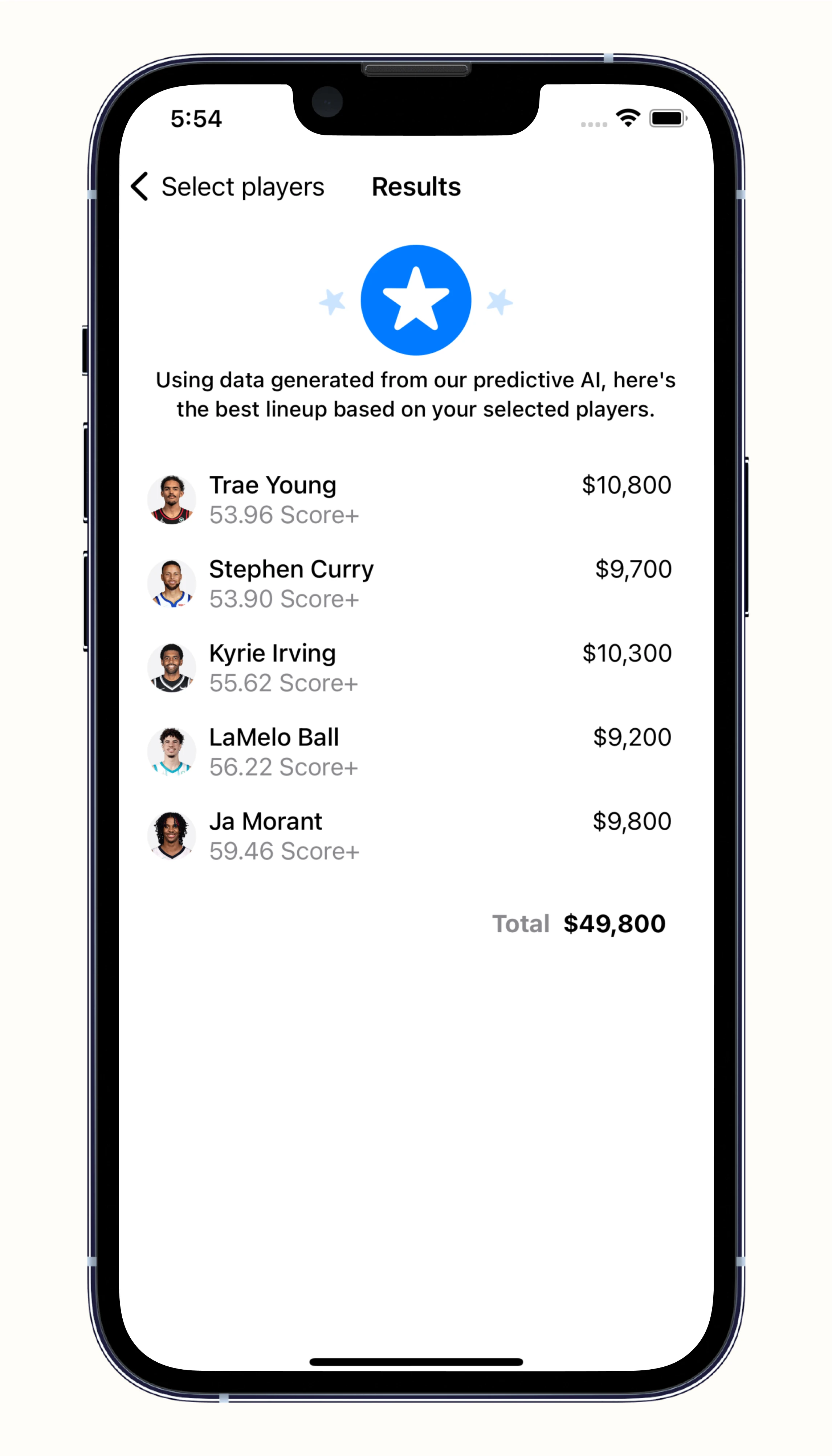 SportAI recommended fantasy basketball lineup