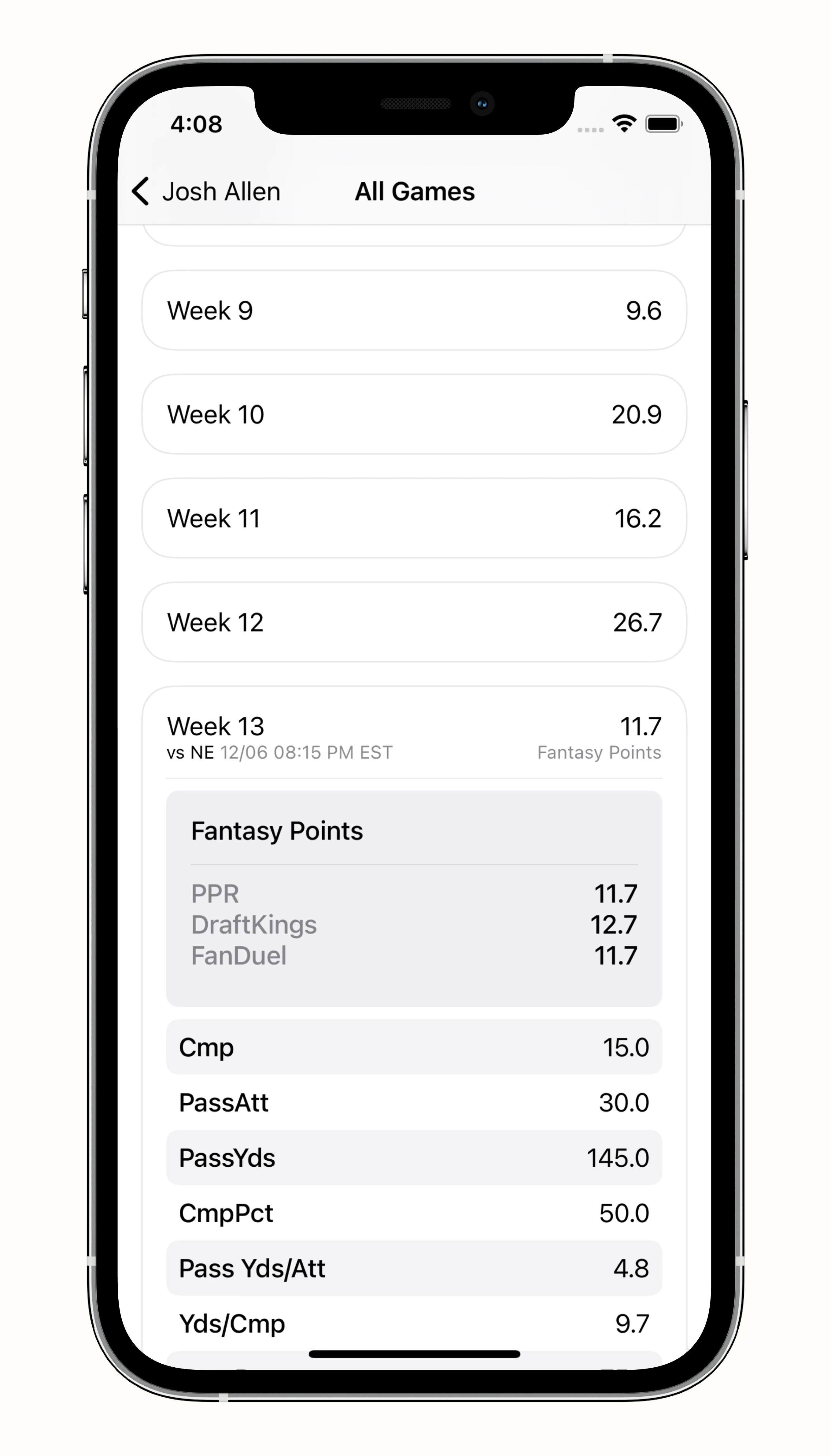 SportAI weekly fantasy football statistics