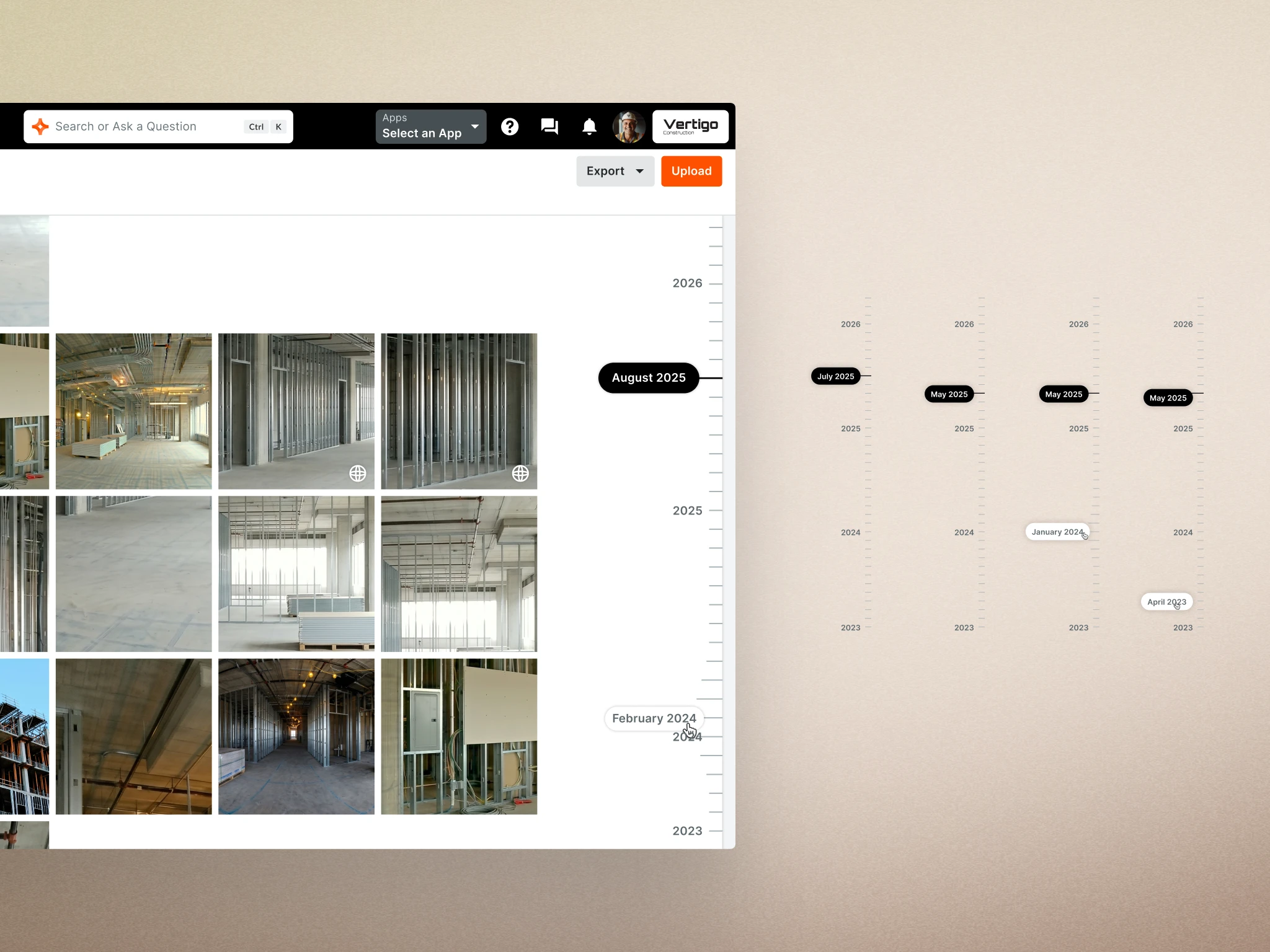 Procore timeline scrubber concept for navigating jobsite photos by date