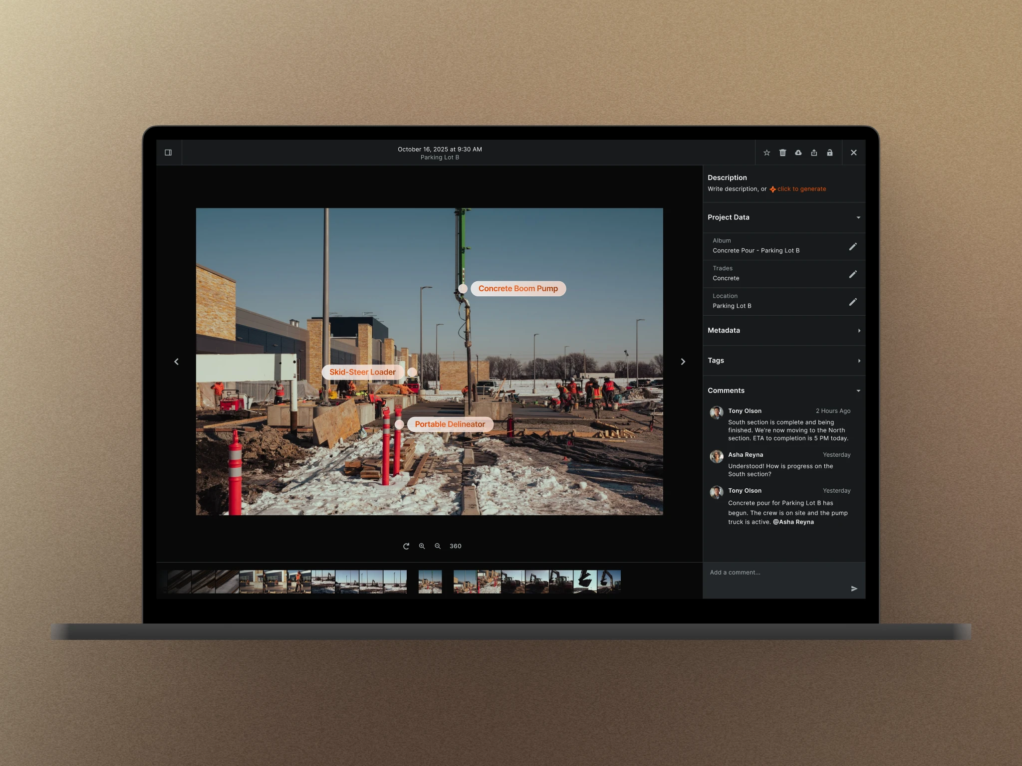 Procore media viewer concept identifying equipment in a construction photo